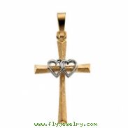 14K Yellow White Gold Two Tone Cross Pendant With Double Hearts