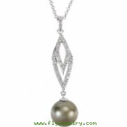 14kt White NECKLACE Complete with Stone 18.00 INCH ROUND 09.00 MM PEARL Polished 3/4CTW DIA AND PEAR