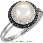 14kt White Ring Complete with Stone 07.00 NONE Round 08.00 MM NONE Polished PEARL AND 1/4CTW DIA RIN