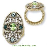 Brass-tone Green, Clear & Light Blue Crystals Stretch Ring
