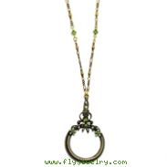 Burnished Brass-Tone Olivine Green Crystal Magnifying Glass 30" Necklace