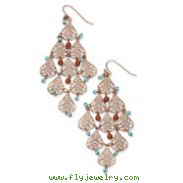 Copper-tone Aqua & Brown Beads Filigree Dangle Chandelier Earrings