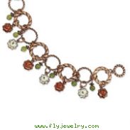 Copper-tone Orange & Ivory Enamel, Green Beads 7" Bracelet