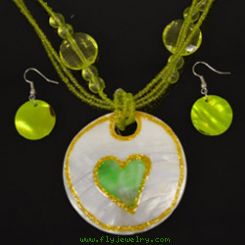 Green and White Heart Necklace and Earrings Set