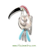 Parrot Pin w/ Diamonds, Gemstones Pearl - White Gold