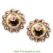 Rose-Tone Floral Decal Non-Pierced Round Earrings