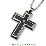 Stainless Steel Carbon Fiber Diamond Accent Cross Necklace