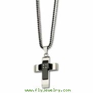 Stainless Steel Polished & Black-plated Cross w/ CZs 22in Necklace chain