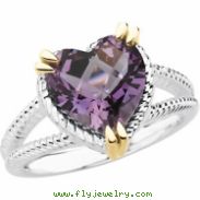Sterling Silver & 14k Yellow Gold Genuine Checkerboard Amethyst Heart Ring