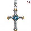 Sterling Silver & 14k Yellow Gold Genuine Swiss Blue Topaz Cross Pendant