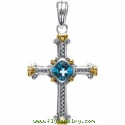 Sterling Silver & 14k Yellow Gold Genuine Swiss Blue Topaz Cross Pendant