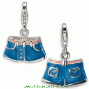Sterling Silver 3-D Enameled Blue Jean Shorts With Lobster Clasp Charm