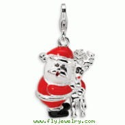 Sterling Silver 3-D Enameled Santa And Reindeer With Lobster Clasp Charm