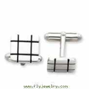 Sterling Silver and Black Enamel Grooved Design Square Cuff Links