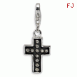 Sterling Silver Crystal Black Enamel & Polished Cross With Lobster Clasp Charm