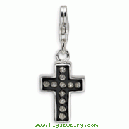 Sterling Silver Crystal Black Enamel & Polished Cross With Lobster Clasp Charm