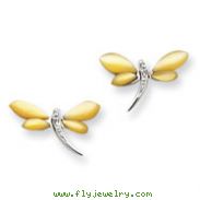 Sterling Silver CZ & Yellow Mother Of Pearl Dragonfly Earrings