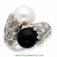Sterling Silver CZ Black and White Cultured Pearl Ring