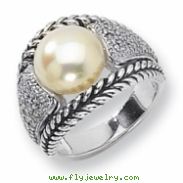 Sterling Silver Diamond and 11mm White FW Cultured Pearl Ring