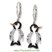 Sterling Silver Enameled Black & White Cubic Zirconia Penguin Leverback Earrings