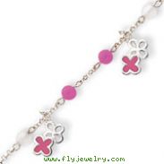 Sterling Silver Enameled Flowers Clear & Pink Beaded Bracelet