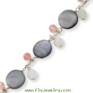 Sterling Silver Gray Mother Of Pearl, White Jade, Cherry Quartz Bracelet