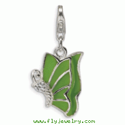 Sterling Silver Green Enameled & CZ Butterfly With Lobster Clasp Charm