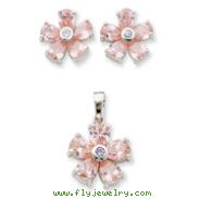 Sterling Silver Pink & Clear CZ Flower Pendant & Earring Set