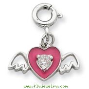 Sterling Silver Pink Enameled CZ Heart  With Wings Charm