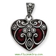 Sterling Silver Red Enamel & Marcasite Heart Pendant