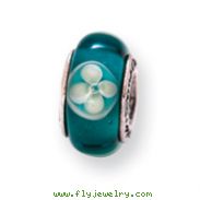 Sterling Silver Reflections Blueish Green Floral Hand-blown Glass Bead