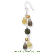Sterling Silver Yellow & Smoky Crystal, Freshwater Cultured Pearl, Prehnite Earrings